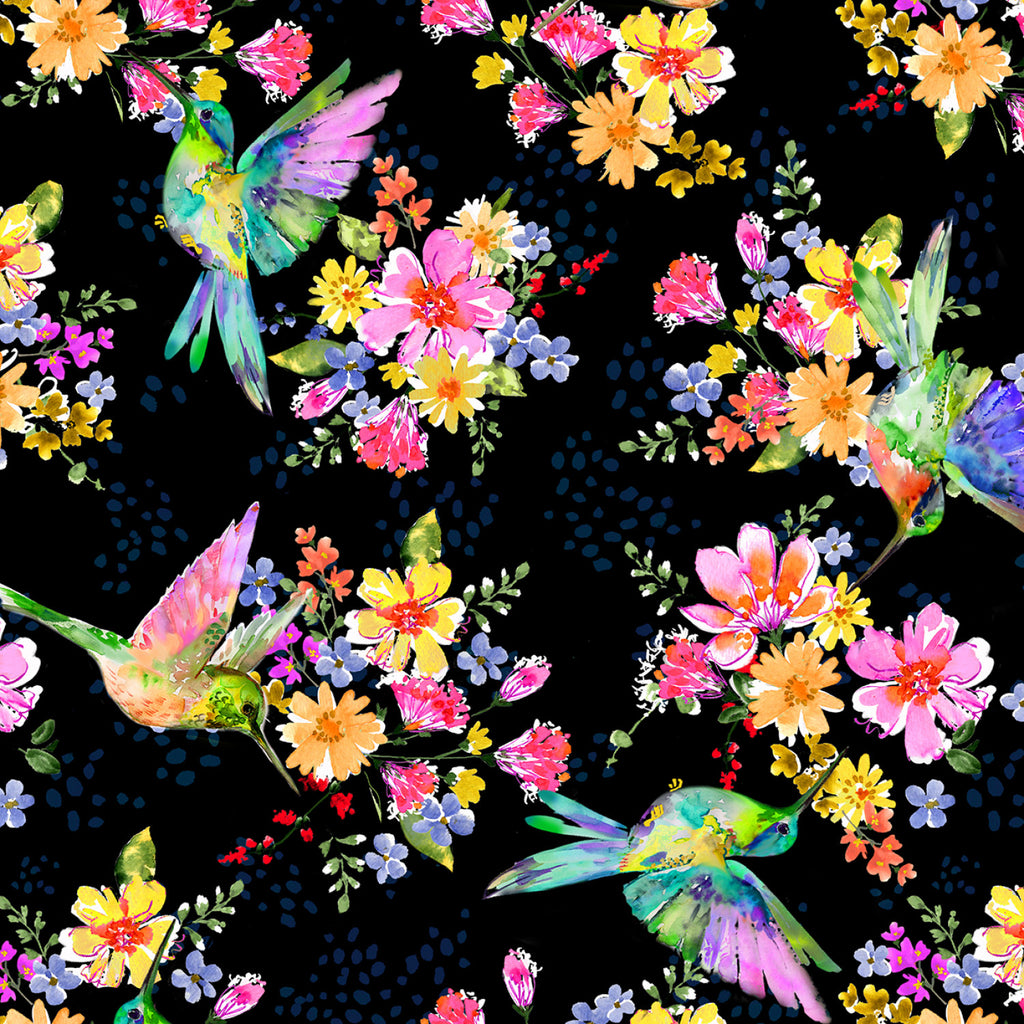 Hummingbirds on Black 108" fabric by Windham, 54323W-2, Pretty Pollinators