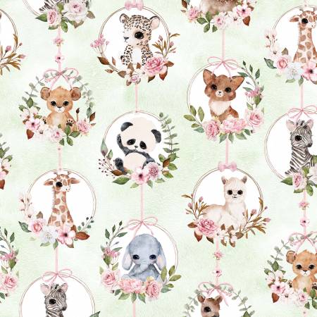 Green Baby Flowers and Animals 44" fabric by Michael  Miller,  DDC11623-Gree, Animal Babies