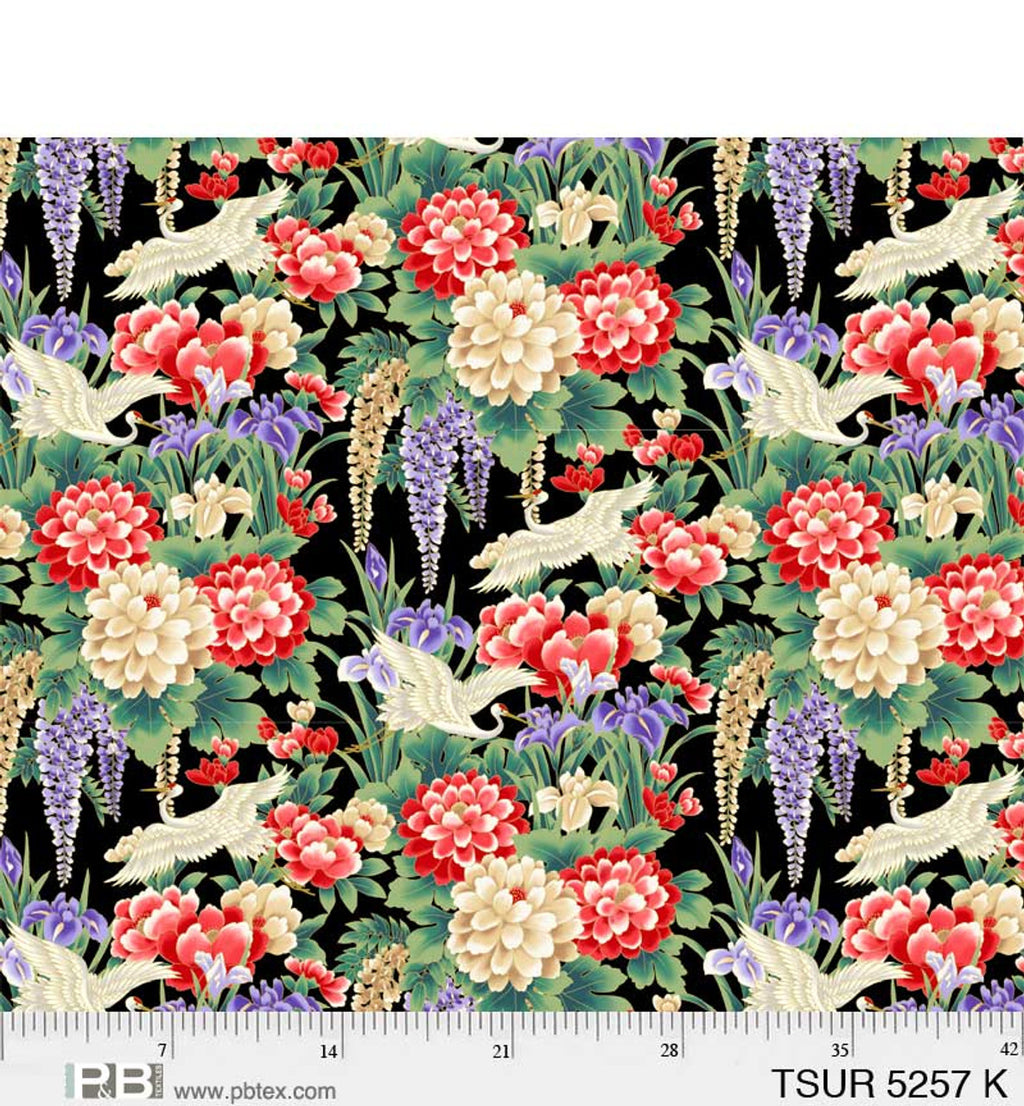 Crane and Floral Allover 44" fabric by P&B Textiles, Tsuru 05257-K, gold metallic accents