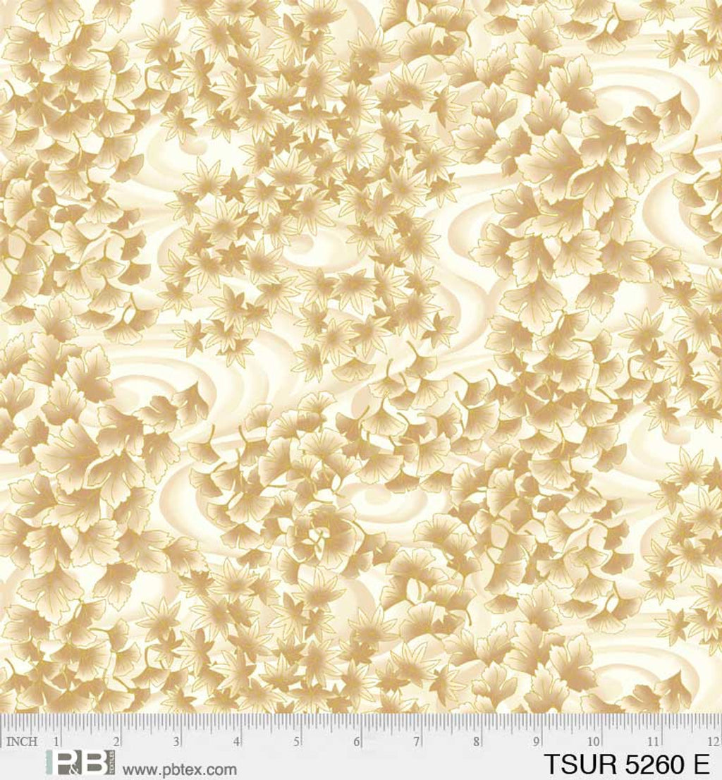 Ecru swirling Leaves 44" fabric by P&B, Tsuru, 05260-E, gold metallic accents