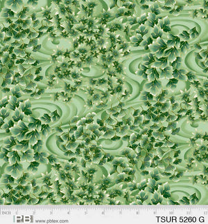 Green swirling leaves 44" fabric by P&B, Tsuru, 05260-G, gold metallic accents