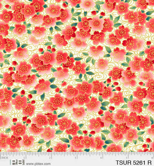 Cream & Red Ditzy Flowers 44" fabric by P&B, Tsuru, 05261-R, gold metallic