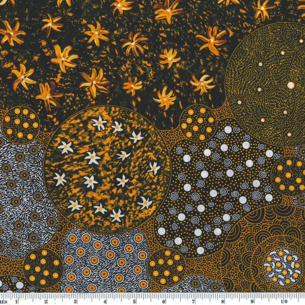 Wild Bush Tomato & Apple Black Gold 44" fabric by M&S Textiles Australian Aboriginal, WBTBG