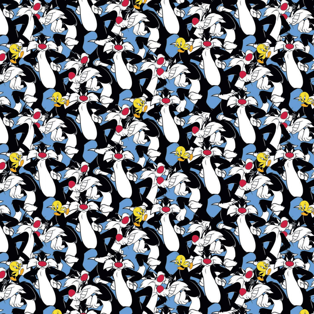 Blue Looney Tunes Sylvester and Tweety 44" fabric by Camelot, 23600168-2